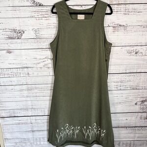 Vintage 90s Long Maxi Mom Dress Size L Green Suede-like Embroidered Floral Hem